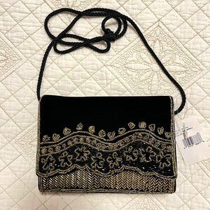 Carolyn Barton Black Velvet and Gold Colored Beadwork Evening Bag